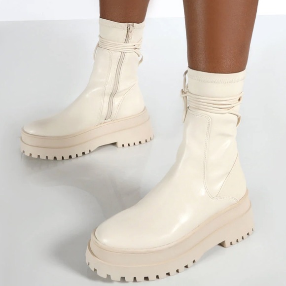 Public Desire Shoes - PUBLIC DESIRE - FINALE CREAM PU CHUNKY WRAP AROUND BOOTS